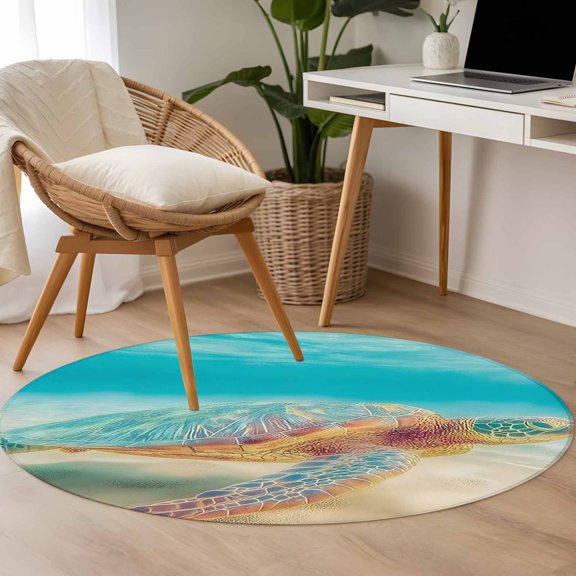 Summer Sea Turtles 3.3ft Round Rug for Bedroom Reading Corner, Teal Blue Underwater Marine Life Sea Wave Washable Non Slip Circle Area Rug