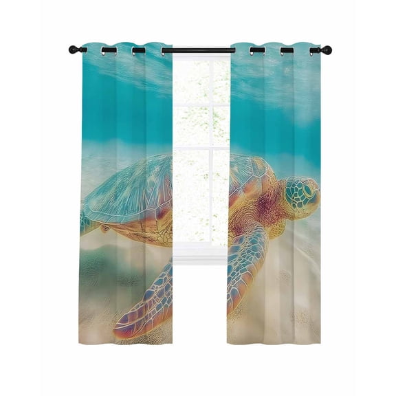 Summer Sea Turtles Blackout Curtains for Bedroom Living Room, Teal Blue Underwater Marine Life Sea Wave 39 In Long Thermal Insulated Room Darkening Drapes Grommet Window Treatments, 27.5 x 39 In