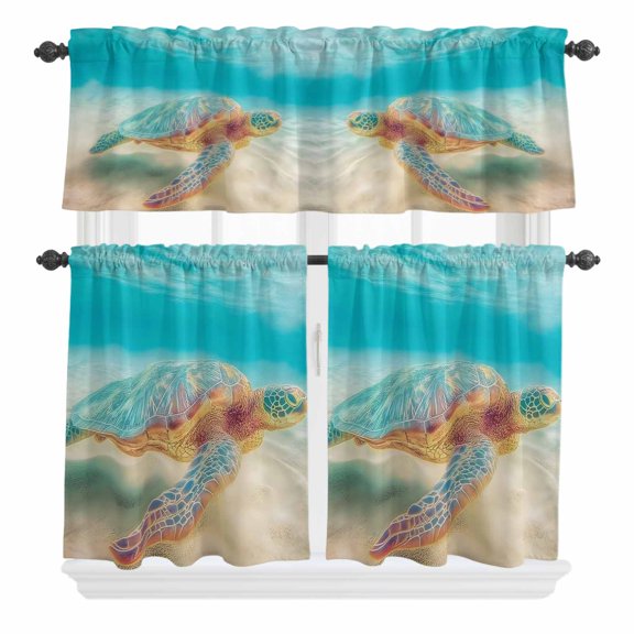 Summer Sea Turtles Curtain Valances Set Teal Blue Underwater Marine Life Sea Wave Kitchen Curtains 36&nbsp;inch Length Rod Pocket Valance and Tiers 3 Piece Set Small Bedroom Bathroom Laundry Decor