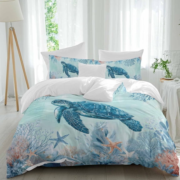 Summer Sea Turtles Full Size Comforter Set, Teal Orange Ocean Corals Starfish Coastal Bedding for All Seasons, 4 Pcs Bed Set, 1Quiltcover (86"x86") ,1Sheet(80"x116"), 2Pillowcases (30"x20")