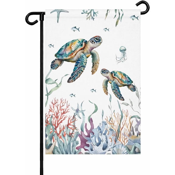 Summer Sea Turtles Garden Flag 12x 18 Double Side, Coastal Watercolor Ocean Corals Garden Flags Outside House Flag Banner Welcome Yard Flag for Holiday Party Outdoor Decorations All Seasons