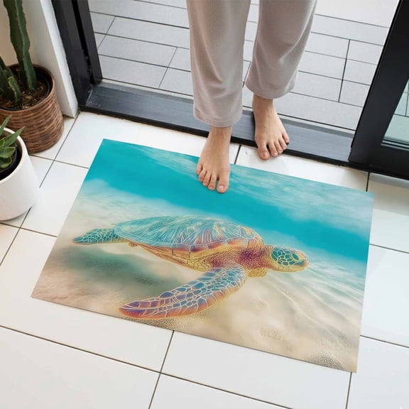 Summer Sea Turtles Indoor Door Mat 16x24 Inch Teal Blue Underwater Marine Life Sea Wave Front Door Mat Non Slip Washable Entryway Rug Low Profile Dirt Trapper Doormat for Bathroom Kitchen Bedroom