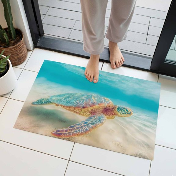 Summer Sea Turtles Indoor Door Mat 20x31.5 Inch Teal Blue Underwater Marine Life Sea Wave Front Door Mat Non Slip Washable Entryway Rug Low Profile Dirt Trapper Doormat for Bathroom Kitchen Bedroom