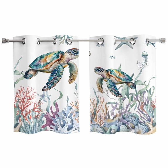 Summer Sea Turtles Kitchen Curtains Window Panels, Coastal Watercolor Ocean Corals Insulated Window Treatment Curtain, Grommet Curtains for Bedroom/Living Room/Bathroom, 2 Piece 27.5"Wx39"L