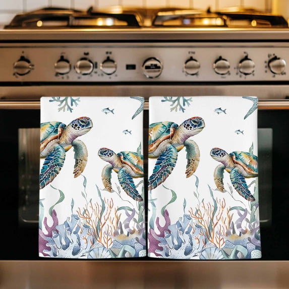 Summer Sea Turtles Kitchen Towels Set of 1, Coastal Watercolor Ocean Corals Absorbent Dish Towels for Kitchen, Microfiber Hand Towel, Quick Drying Tea Towel for Cleaning Decorative Dishcloths