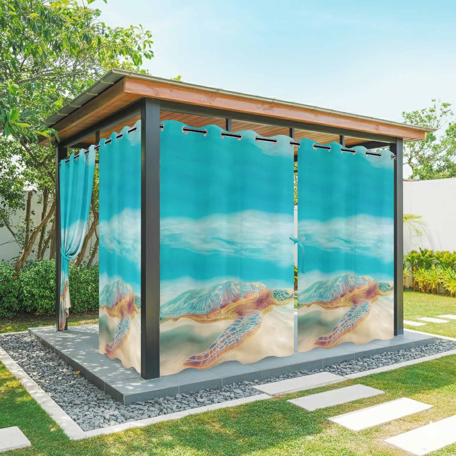 Summer Sea Turtles Outdoor Curtains for Patio, Teal Blue Underwater Marine Life Sea Wave Sunshade Privacy Drapes Grommet Waterproof Outside Curtains for Porch/Cabana/Balcony 54"x 108", 1 Panel
