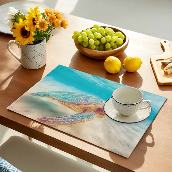 Summer Sea Turtles Placemats Set of 1, Teal Blue Underwater Marine Life Sea Wave Non-Slip Place Mats Washable Table Mats for Kitchen Dining Table Decorations Indoor/Outdoor