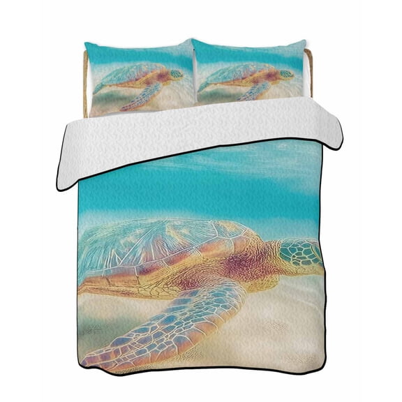 Summer Sea Turtles Quilts Bedding Set California King Teal Blue Underwater Marine Life Sea Wave Lightweight Quilted Bedspread 3 Piece Bed Quilt with 2 Pillow Shams All Season for Bedroom 96" x 106"