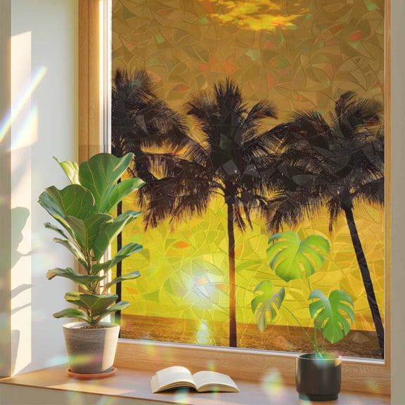 Summer Sea View Coconut Tree Window Privacy Film, Rainbow Film Decorative Window Sticker 17.7x39.3in, Sunset Landscape Sun Blocking Static Stained Glass Cling Tint Non-Adhesive