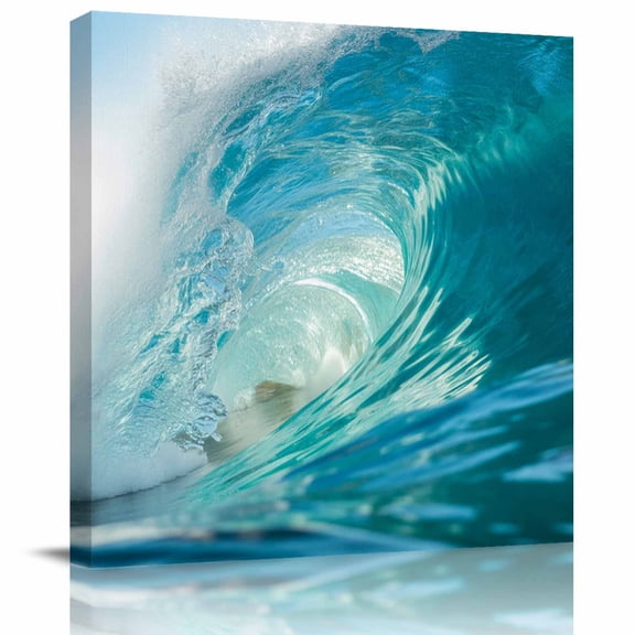 Summer Sea View Framed Canvas Wall Art, Blue Green Tube Wave Seawater Natural Beauty Wall Art Painting for Living Room Bedroom Home Decor, 8”x8”, Office Artwork Print