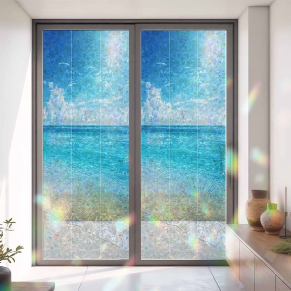 Summer Sea View Sandy Beach Window Privacy Film, Rainbow Film Decorative Window Sticker 35.4x78.7in, Blue Sky Ocean Sun Blocking Static Stained Glass Cling Tint Non-Adhesive