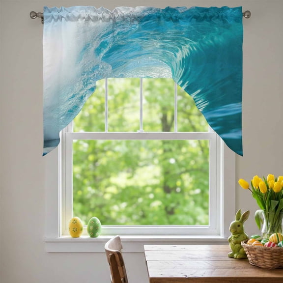 Summer Sea View Swag Valances for Kitchen Window, Blue Green Tube Wave Seawater Natural Beauty Small Swag Valances Rod Pocket Curtain Drapes Window Treatment for Bedroom Bathroom, 56x36 Inch