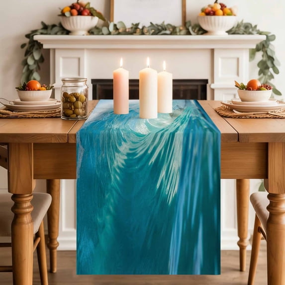 Summer Sea View Table Runner, Blue Green Tube Wave Seawater Natural Beauty Cotton Linen Kitchen Table Decoration Washable Dining Tabletop Runners for Home Party Decor 18x72 Inches