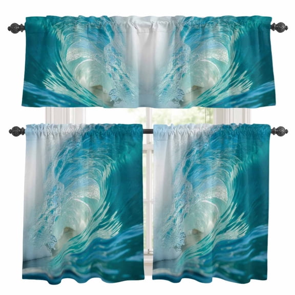 Summer Sea View Window Curtains Valance Set of 3 Blue Green Tube Wave Seawater Natural Beauty Rod Pocket Small Kitchen Curtain, Soft Window Treatment for Bedroom Party Holiday Decor