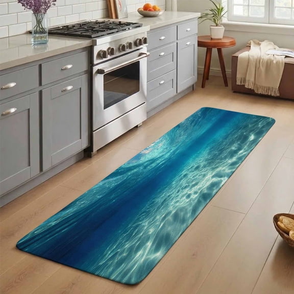 Summer Sea Washable Runner Rug 3X5 ft Underwater Blue Ombre Ocean Waves Seascape Sand Non-Slip Hallway Runner Rug, Linen Kitchen Runner Mats, Indoor Floor Carpet for Entryway Bathroom Bedroom