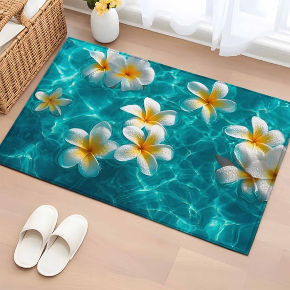 Summer Sea Washable Small Entryway Area Rugs 2'x3', Watercolor White Eggflower Floral Blue Ripples Seawater Low Pile Throw Rug Non-Slip Sturdy Edge Binding Carpet for Front Door Floor Room Entry
