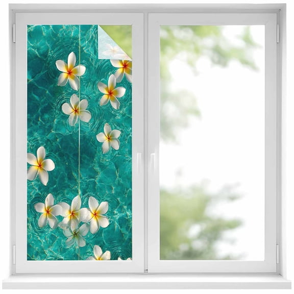 Summer Sea Window Privacy Film, Watercolor White Eggflower Floral Ripples Seawater Frosted Glass Window Clings Static Cling UV Heat Blocking Reusable Door Sticker for Bathroom 19.6 x 39.3 Inch