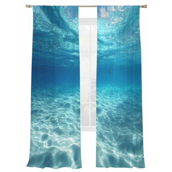Summer Sea Window Sheer Curtain Underwater Blue Ombre Ocean Waves Seascape Sand Semi Curtain Sheers Light Filtering Rod Pocket Voile Drapes for Bedroom Kitchen Living Room 52 X 108 Inch, 2 Panels