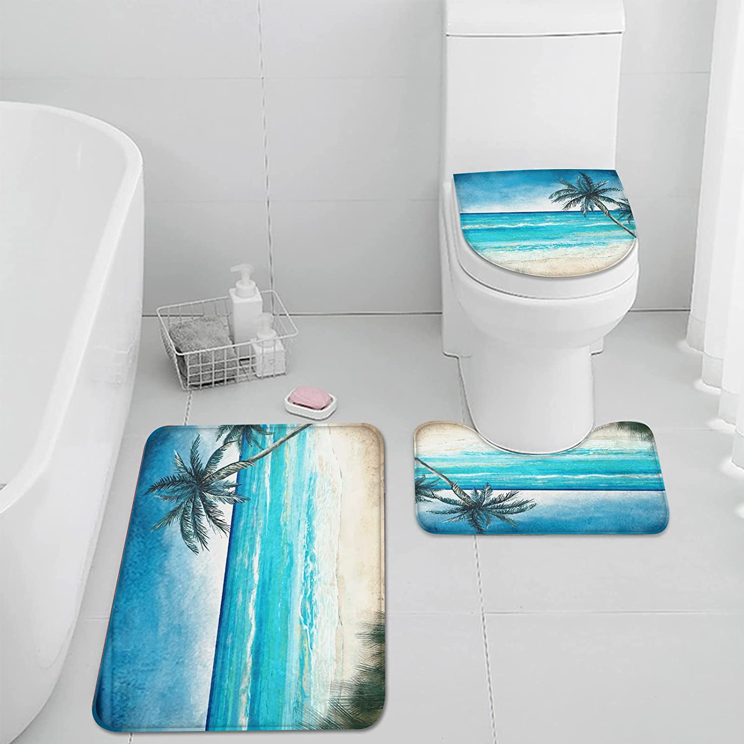 Summer Sea and Beach Bathroom Rug Set of 3 Coconut Tree 3 Pieces Bath
