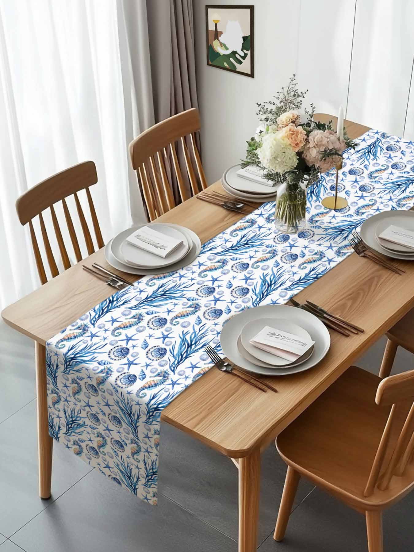 Summer Seahorse Coral Starfish Conch Table Runner 90 Inches Long, Seamless Blue Marine Life Table Runners Tabletop Scarf Kitchen Dining Tables Decoration for Home Party Indoor Outdoor