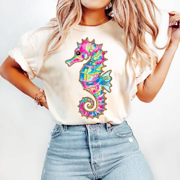 Summer Seahorse T-shirt, Preppy Summer Vibes T-shirt, Neon Beach T-shirt, Coastal T-shirt, Retro Summer Coquette T-shirt, Girly Summer T-shirt, Toddler Summer T-shirt
