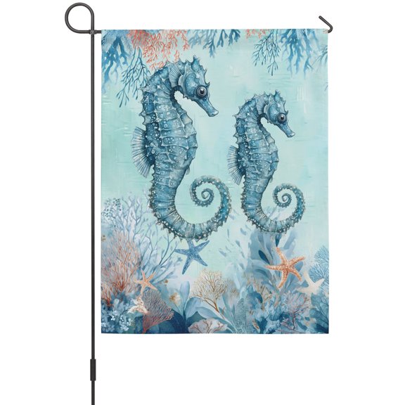 Summer Seahorses Garden Flags For Outdoor, Teal Orange Ocean Corals Starfish Coastal Small Double Side Yard Flags Weather Proof Garden Decor for Lawn Outside Holiday 12 x 18 Inches