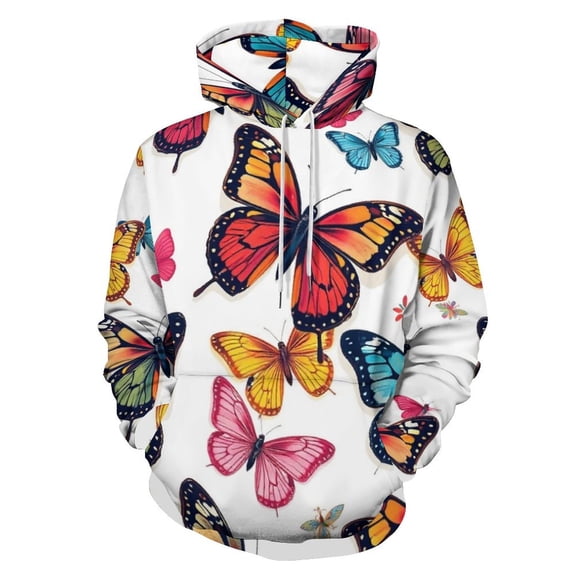 Summer Seamless Background with Butterflies in Retro Style. Many Colored Butterflies on A White Back (1) Men's Women Vintage 3D Hooded Sweatshirt - All-Season Loose Fit Streetwear