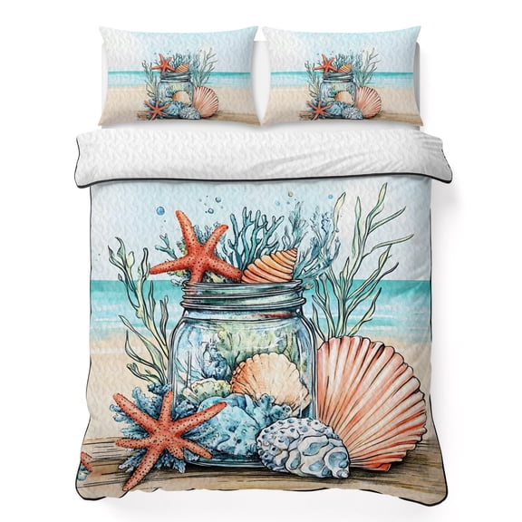 Summer Seashell 3 Piece Quilt Bedding Set with 2 Pillow Shams, Starfish Conch in Glass Bottle Ocean Beach Lightweight Bedspread Coverlet, Soft Breathable All Season Quilt, 96 x 106 Inch