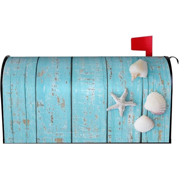 Summer Seashell Beach Starfish Mailbox Cover Magnetic Turquoise Wooden Background Mailbox Wraps Post Box Cover Décor 21x18 in