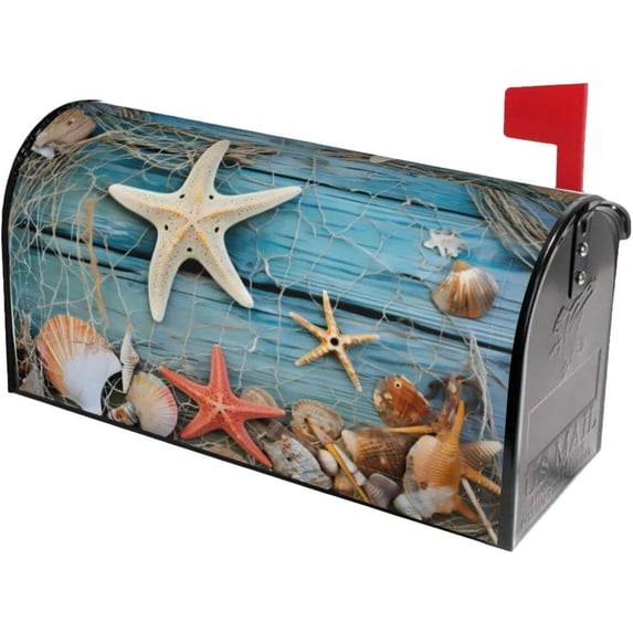 Summer Seashell Beach Starfish Mailbox Covers, Magnetic Post Box Cover Wraps Standard Size 21x18 in Inches for Garden Yard Decor