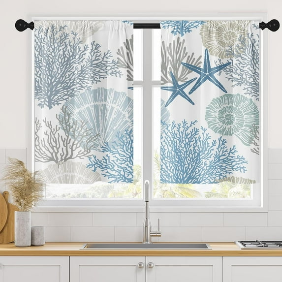 Summer Seashell Coral Kitchen Curtains, Starfish Underwater Vintage Short Window Curtains Set of 2, Window Treatment Tier Curtains for Kitchen Over Sink Bathroom Dining Room Decor (26x36 Inch)