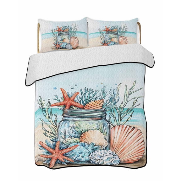 Summer Seashell Quilts Bedding Set California King Starfish Conch in Glass Bottle Ocean Beach Lightweight Quilted Bedspread 3 Piece Bed Quilt with 2 Pillow Shams All Season for Bedroom 96" x 106"