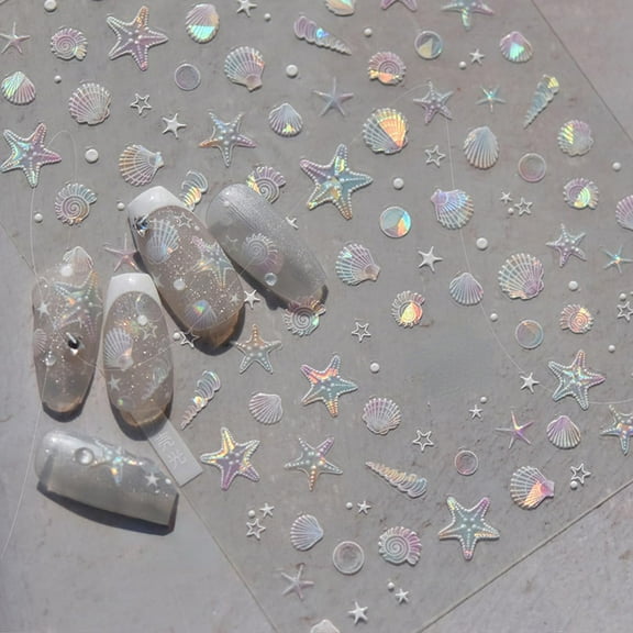 Summer Seashell Starfish Nail Art Stickers Shiny Shell Light Marine Life Nail Decals 5D Acrylic Engraved Nail Stickers Ocean Theme Summer Nails Design Adhesive Sliders Women Girl Manicure Nail Art