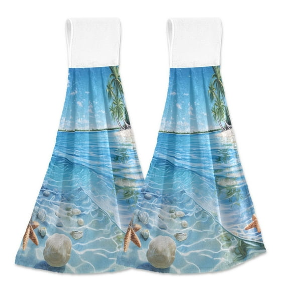 Summer Seashell in Sea 2pcs Bathroom Hanging Towels Velcro Soft Hand Towel Absorbent Tie Towels for Kitchen Toilet Tea Bar Washcloth