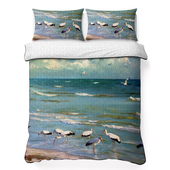 Summer Seaside 3 Piece Quilt Bedding Set with 2 Pillow Shams, Beach Oil Painting Sea Gulls Sky Ocean Wave Lightweight Bedspread Coverlet, Soft Breathable All Season Quilt, 68 x 98 Inch