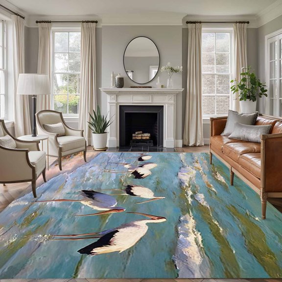 Summer Seaside 8'x10' Large Area Rug for Living Room Sectional Sofa, Beach Oil Painting Sea Gulls Sky Ocean Wave Non Slip Low Pile Rectangle Area Rug, Machine Washable Indoor Outdoor Mat