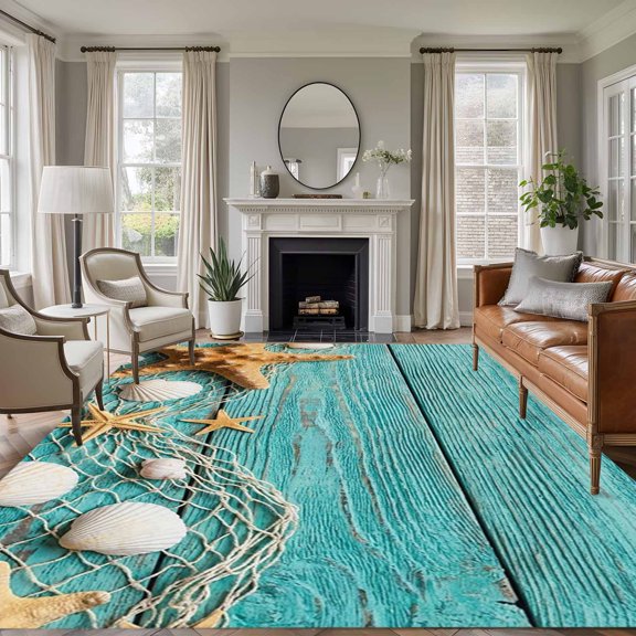 Summer Seaside 8x10 Area Rugs for Living Room, Teal Wood Grain Starfish Shell Fishing Net Non Slip Floor Mat Washable Low-Profile Indoor Carpet for Bedroom, Dining Room, Bathroom