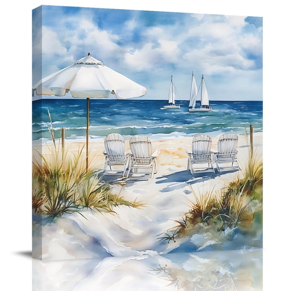 Summer Seaside Beach Chair Sun Umbrella Canvas Artwork Painting Art, Ocean Ship Square Framed Wall Decorations Prints Picture for Bedroom Kitchen Living Room, 8x8 in
