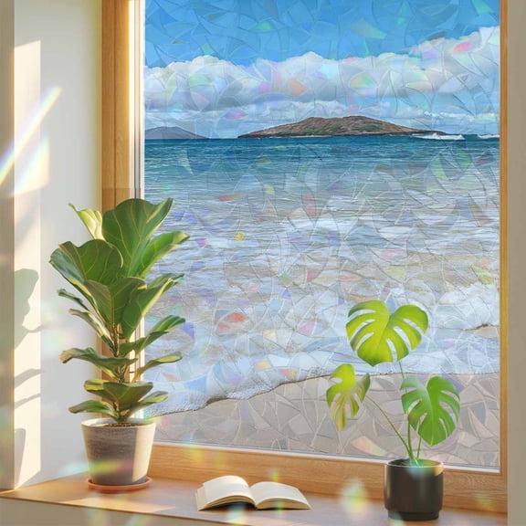 Summer Seaside Beach Clouds Ocean Window Privacy Film, Rainbow Film Decorative Window Sticker 17.7x39.3in, Modern Style Sun Blocking Static Stained Glass Cling Tint Non-Adhesive