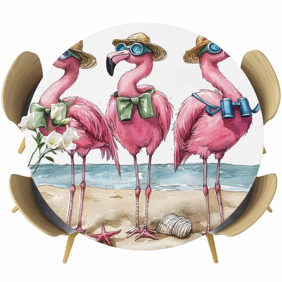 Summer Seaside Beach Flamingo Fitted Round Tablecloths Table Covers 55"-60",Waterproof Table Cloth for Kitchen Holiday Party Tables Decor