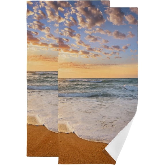 Summer Seaside Beach Kitchen Hand Towels 2 PCS, Coast Sky Sandy Fingertip Bath Towels Ultra Soft and Highly Absorbent, Decorative Face Towels Dish Washcloths, 28.3"x14.4"