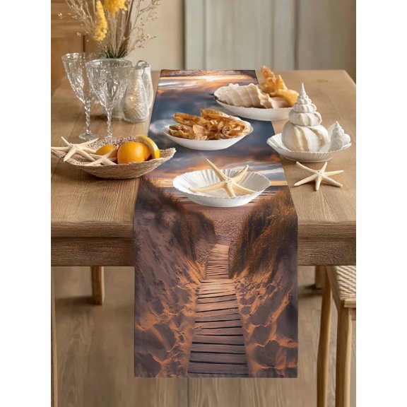Summer Seaside Beach Sunset Boardwalk Table Runner 13x70in Non-Slip Cotton Linen Table Runners, Ocean Water Dresser Scarves TableRunner for Dinner Kitchen Dining Wedding Party