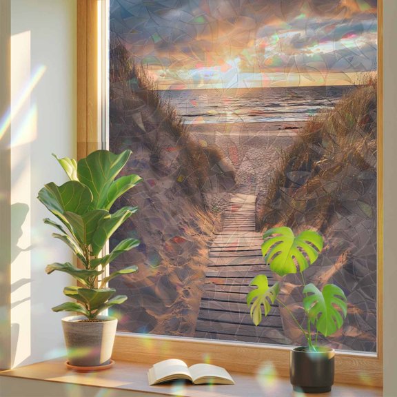 Summer Seaside Beach Sunset Boardwalk Window Privacy Film, Rainbow Film Decorative Window Sticker 17.7x39.3in, Ocean Water Sun Blocking Static Stained Glass Cling Tint Non-Adhesive