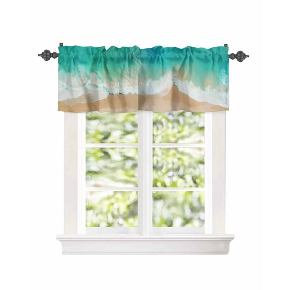 Summer Seaside Beach Wave Window Valances for Kitchen,Rod Pocket Valance Privacy Small Curtain,Ocean Teal Sea Window Treatment Drapes for Bedroom Laundry Room Farmhouse Home Decor 42x18in