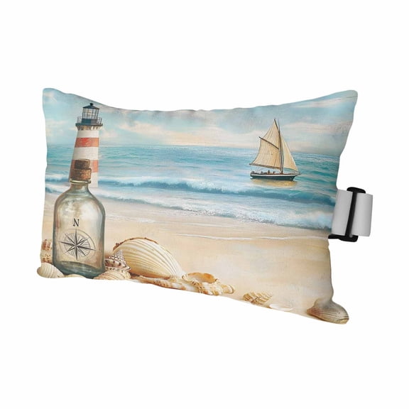 Summer Seaside Bottle Shell Conch Outdoor Pillow for Chaise Lounge Chair,Sea Boat Lighthouse Waterproof Headrest Lumbar Pillows with Insert&Elastic Strap for Patio Pool Garden Chairs,1 Pack