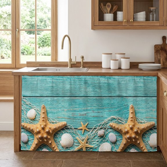 Summer Seaside Cabinet Curtains 28" W x 51" L, Teal Wood Grain Starfish Shell Fishing Net Under-Desk Privacy Dust Proof Drape Dishwasher Curtain Sink Skirt for Kitchen Closet Bathroom Laundry