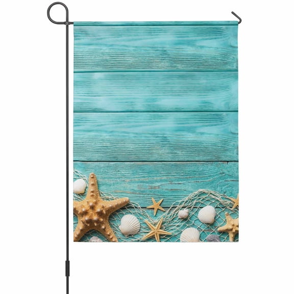 Summer Seaside Garden Flag 12 x 18 Inches, Teal Wood Grain Starfish Shell Fishing Net Weather Proof Outdoor Patio Flags Double Sided Small Garden Decoration for Yard Outside Home