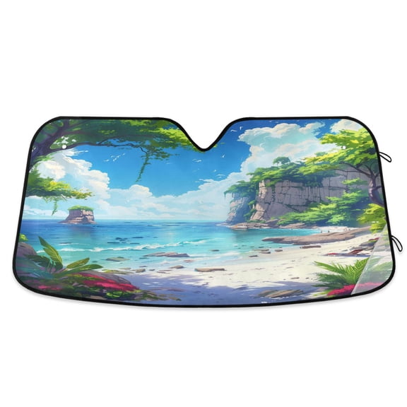 Summer Seaside Landscape Car Windshield Sun Shade Foldable Car Front Window Visor Heat and UV Protection 53x23.5