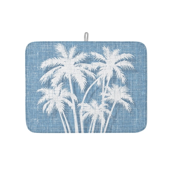 Summer Seaside Palm Tree Dish Drying Mats for Kitchen Counter,Absorbent Microfiber Dish Drainer Rack Mat Beach Plant Silhouettes on Blue Drying Pad for Sinks,Utensils,Countertops,18x24in