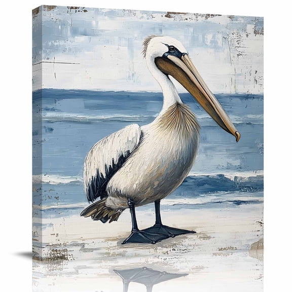 Summer Seaside Pelican Canvas Artwork Painting Art, Coastal Ocean Bird Oil Painting Style Square Framed Wall Decorations Prints Picture for Bedroom Kitchen Living Room, 8x8 in
